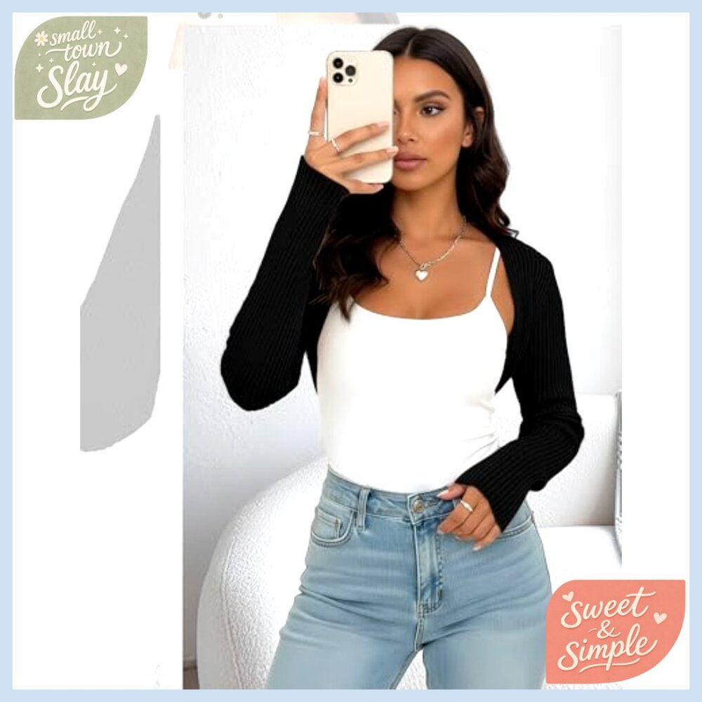 2 Pack Cropped Cardigan Shrugs Open Front Long Sleeve Y2K Winter Layering - Picture 5 of 7